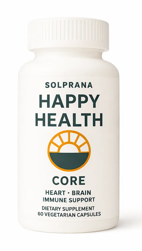 Happy Health Core, Happy Health supplement by Solprana, premium studio product render